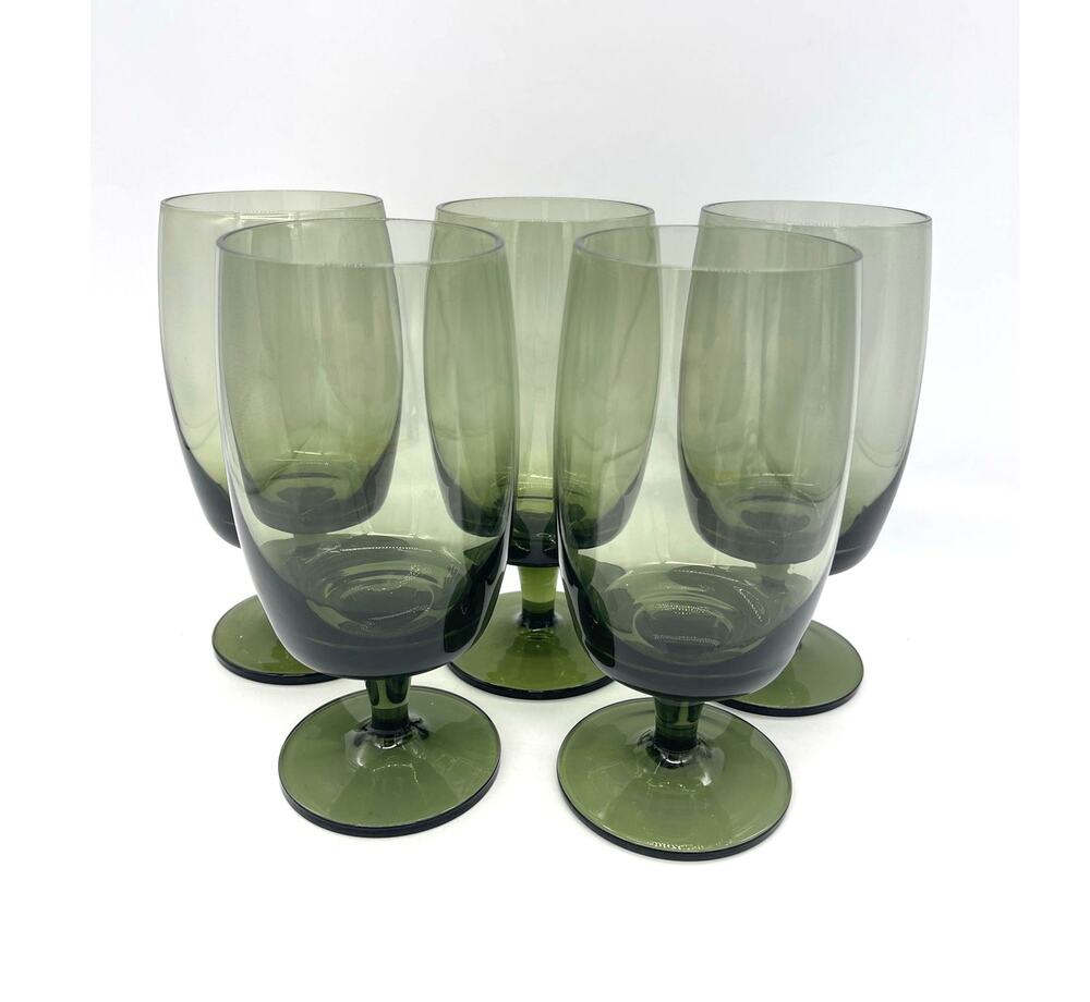 Vintage MCM Gorham Reizart Set of 5 Green Spring Crystal Water Goblets 6 3/8”